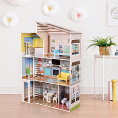 Olivia's Little World Maison de poupée interactive en bois à 3 étages de style méditerranéen contemporain pour enfants avec 17 accessoires de meubles de poupée multicolore TD-13551B