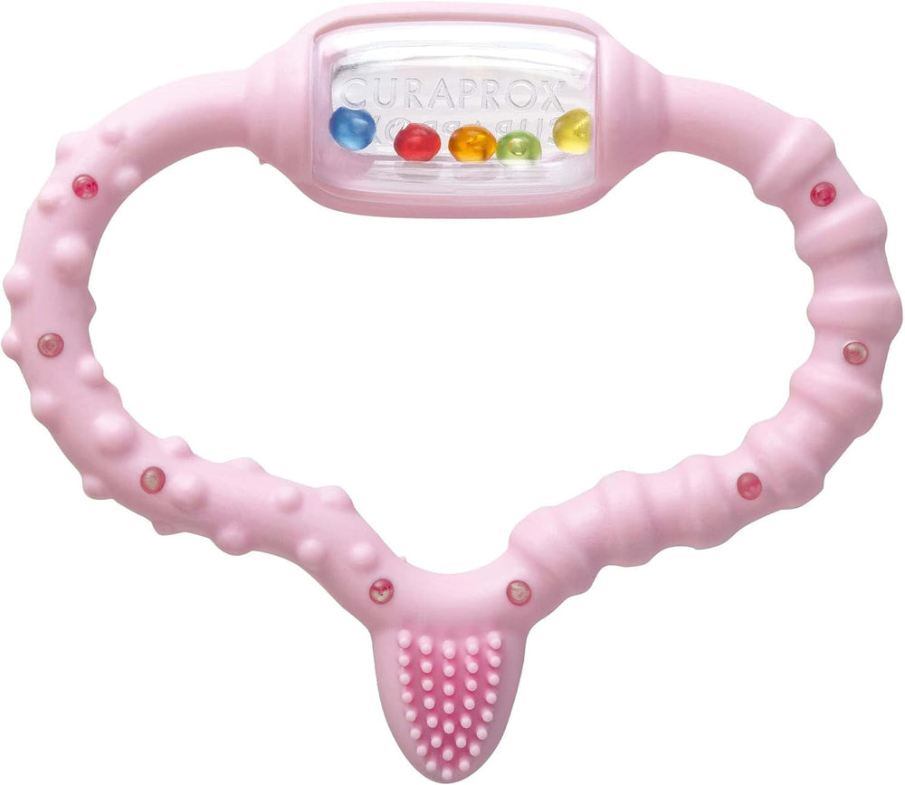Curaprox Anneau de dentition pour bébé – Pour les tout-petits de 0 à 24 mois/soulage les maux de dents et favorise la motricité | Sans BPA, rose, avec brosse à dents d'entraînement/fabriqué en Suisse