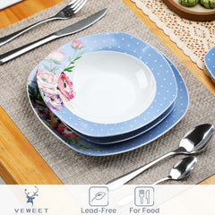VEWEET Service de table combiné en porcelaine, 30 pièces pour 4 à 12 personnes, série Hannah, assiettes plates, assiettes à dessert, assiettes creuses, tasses à café et soucoupes