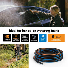 Tuyau d'arrosage Fiskars S, Solide, Tuyau d'eau pour arrosage manuel, 13 mm (1/2"), Longueur: 15 m, Raccord universel, Protection UV, Protection contre le gel, Résistant à la torsion, Bleu, 1076049