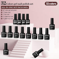 JODSONE 36-Teiliges Gel-Nagellack-Set, 32 Farben, Gel-Nagellack-Set, Basislack, Glänzend, Matt Und Glitzernder Decklack, Naillack-Set, Grün, Blau, Rot, Rosa, Kollektion, Geschenke Für Frauen
