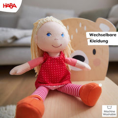 HABA Stoffpuppe Annelie – Weiche Puppe mit Haaren zum Stylen – Mit wechselbarer Kleidung – Ab 18 Monaten – 30 cm – Waschbar – 1302108001