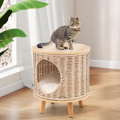 Katzenhaus Rattan, Katzenmöbel mit Holzbeinen & soft Kissen, 3 in 1 Katzenhöhle Fußhocker Nachttisch, Katzenbett stabil bis 30 kg für Wohnzimmer Schlafzimmer