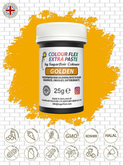 Pâte colorante alimentaire Sugarflair Colourflex Extra Paste Golden - Colorant alimentaire comestible pour crème au beurre, chocolat, pâte à sucre, glaçage, fondant, mélanges à gâteaux, pâte et plus - 25g