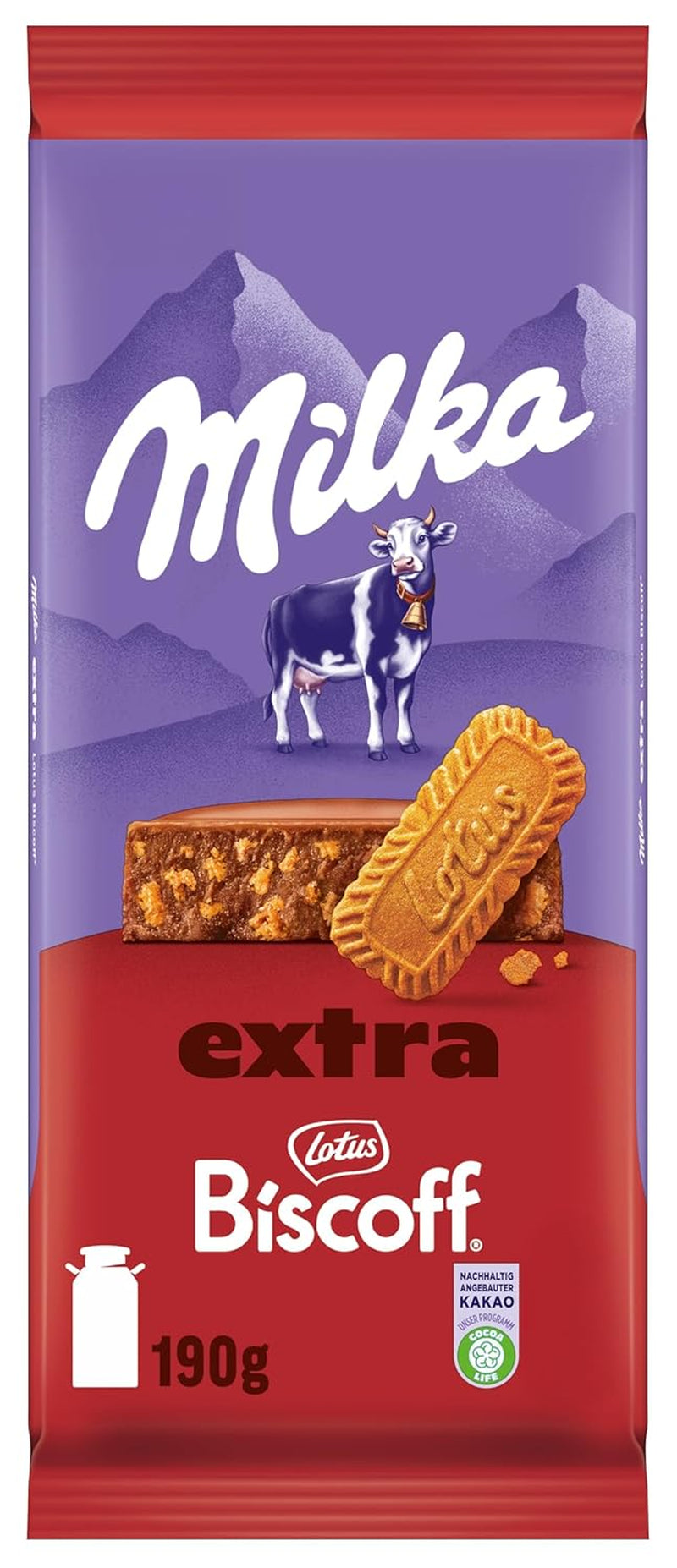 Milka Extra Biscoff Chocolate – Chocolat au lait alpin avec morceaux croquants de biscuits Lotus Biscoff – 190g