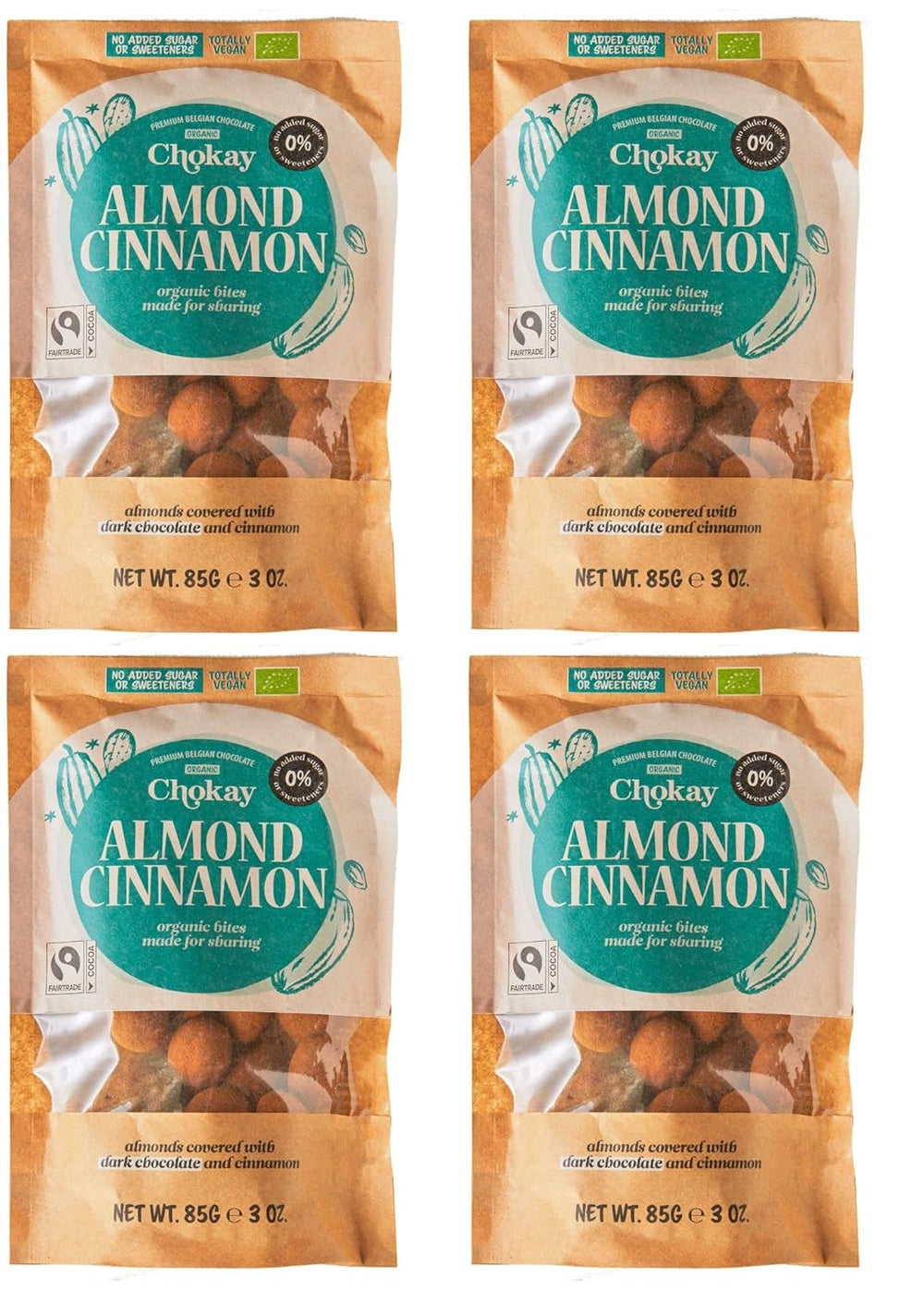 Set de 4 bucăți Organic Bites - Migdale cu scorțișoară/Migdale cu scorțișoară în ciocolată neagră belgiană/Fără zahăr adăugat, fără îndulcitori/VEGAN ȘI COMERȚ ECHITABIL / 4 x 85g