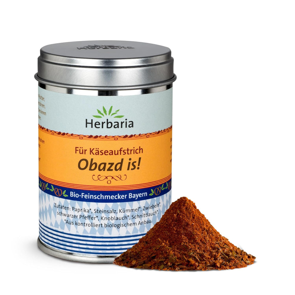 Herbaria Obazd l'est ! bio 90g M-Dose – Bio-Gewürzmischung bayerischen Biergartenklassiker Obazda – pour Brotaufstriche, Käsegerichte, Käsefondue – Raclette Gewürz - dans nachhaltiger Aromaschutz-Dose