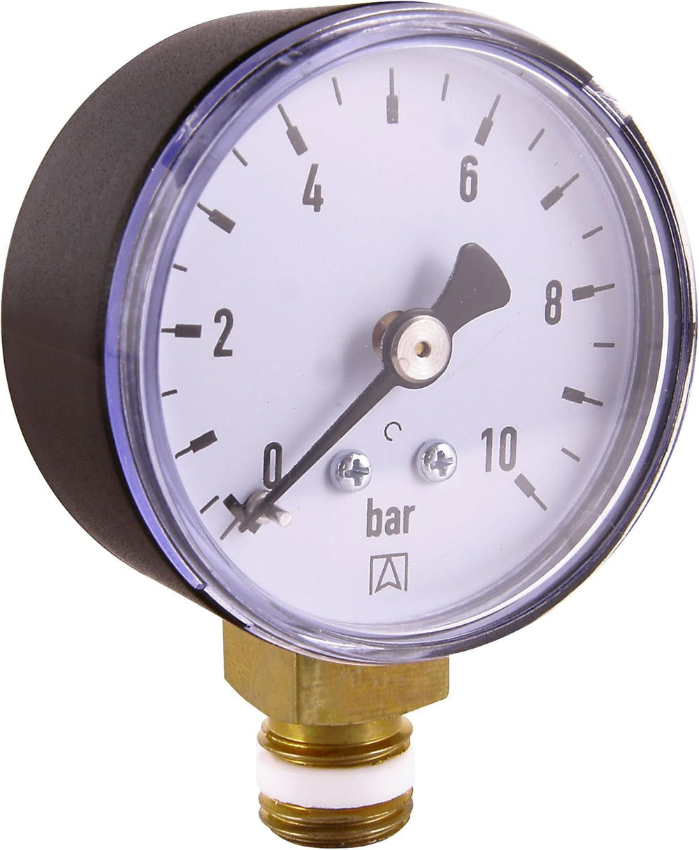 Manomètre à cornes avec port inférieur 1/4" - Noir - Convient aux filtres de lavage à contre-courant avec réducteur de pression - Plastique - Auto-obturant avec joint torique en PTFE / Manomètre / Air comprimé / Manomètre / DMMU14