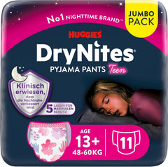 Huggies DryNites Couches d'énurésie nocturne pour filles de 13 à environ 17 ans (48-60 kg) 33 pièces (3 x 11) Pack mensuel Jumbo Couches XL
