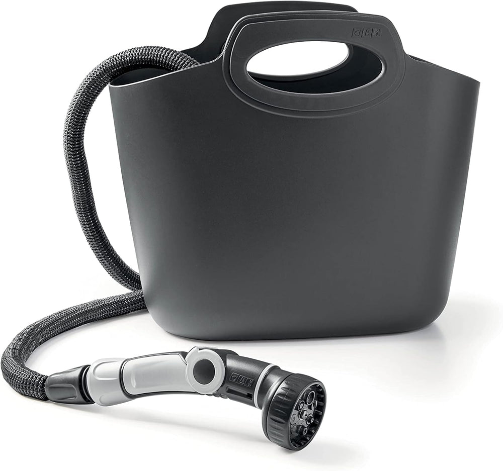 GF SRL, Aquapop Gris Édition Limitée avec tuyau textile auto-extensible de 25 m Fabriqué en Italie, sac en plastique souple, buses et raccords Lancia 8 pour l'irrigation du jardin, gris foncé