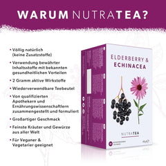 Nutra Tea Fructe de soc și echinaceea, ceai pentru imunitate și răceli, ceai pentru susținerea sistemului imunitar, pentru combaterea răcelilor, 20 pliculețe de ceai reutilizabile, ceai natural din plante