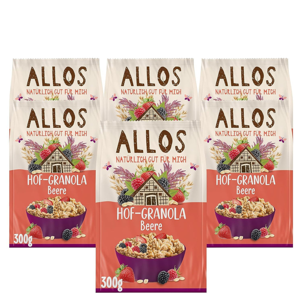 Allos Hof Granola cu fructe de pădure | Muesli organic | Muesli cu fructe de pădure | Muesli crocant | Cereale pentru micul dejun | Pachet de 6 (6 x 300g), 1 bucată (pachet de 6)