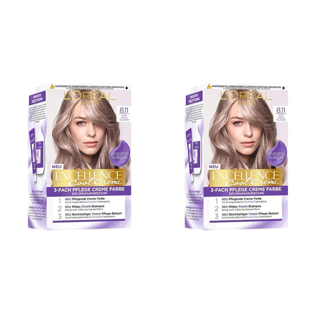 L'Oréal Paris Coloration Permanente Résultat Coloration, Couverture 100% des cheveux gris, ensemble avec teinture, shampoing et crème de soin, Excellence Cool Creme, N° 8.11 Ultra Cool Light Blonde (Blond) (Pack de 2) Naty Shop Hair Dye Default Title