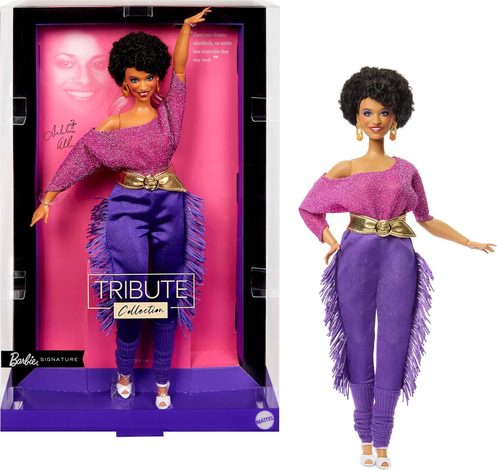 Barbie Signature Debbie Allen Tribute Collection Poupée en haut à épaules dénudées, ceinture dorée et pantalon et leggings à franges violets, JBJ24