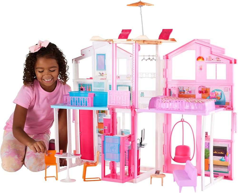 Barbie Dream House, maison de ville sur 3 étages et 5 pièces, comprend des accessoires comme des meubles, pliable et rangement, jouet pour 3 ans et plus, DLY32