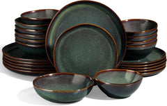 Service de table pour 6 personnes, 24 pièces en carreaux de céramique, service de table rond irrégulier avec assiettes, assiettes à dessert, bols à céréales, passe au micro-ondes et au lave-vaisselle, vert toundra réactif