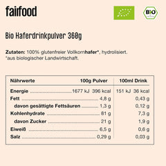 fairfood Bio Haferdrink Pulver 360g - nachhaltige Milchalternative - vegan, glutenfrei & ohne Öl - bis zu 4L Haferdrink - zum Selbermischen - 100% Bio-Vollkornhafer