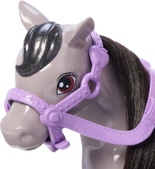 Poupée Barbie Chelsea and Ponies – Bouclez votre ceinture pour jouer et rouler en toute sécurité, selle et marches roses, comprend un casque et une jolie robe à carreaux, 3 ans et plus, HTK29