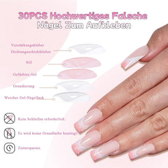 30pcs Faux Ongles Français - Colle sur Ongles Artificiels - Ongles en Gel Doux pour Femme - Ongles Adhésifs Acryliques Manucure Carrée (Rose Français)