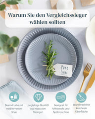 Set de veselă din gresie pentru 6 persoane, Hygge, 24 de piese. CÂȘTIGĂTOR AL TESTULUI, Set de veselă din gresie scandinavă Dreamy, set de boluri și farfurii, serviciu de cină pentru 6 persoane, seturi de veselă Pure Living în gri-albastru