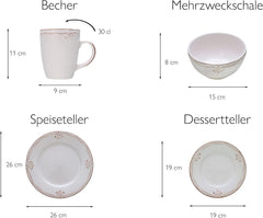 CreaTable, 23601, seria Romantic Vintage, set de veselă cu 16 piese pentru 4 persoane, serviciu combinat din gresie, potrivit pentru mașina de spălat vase și cuptorul cu microunde, producție de calitate