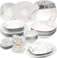 SANGER | Service de table combiné en marbre Bilgola, service de table 36 pièces pour 6 personnes avec assiettes plates, assiettes à dessert, assiettes Suma, bols à céréales, assiettes à café et soucoupes en porcelaine, carré | LA COLLECTION PREMIUM