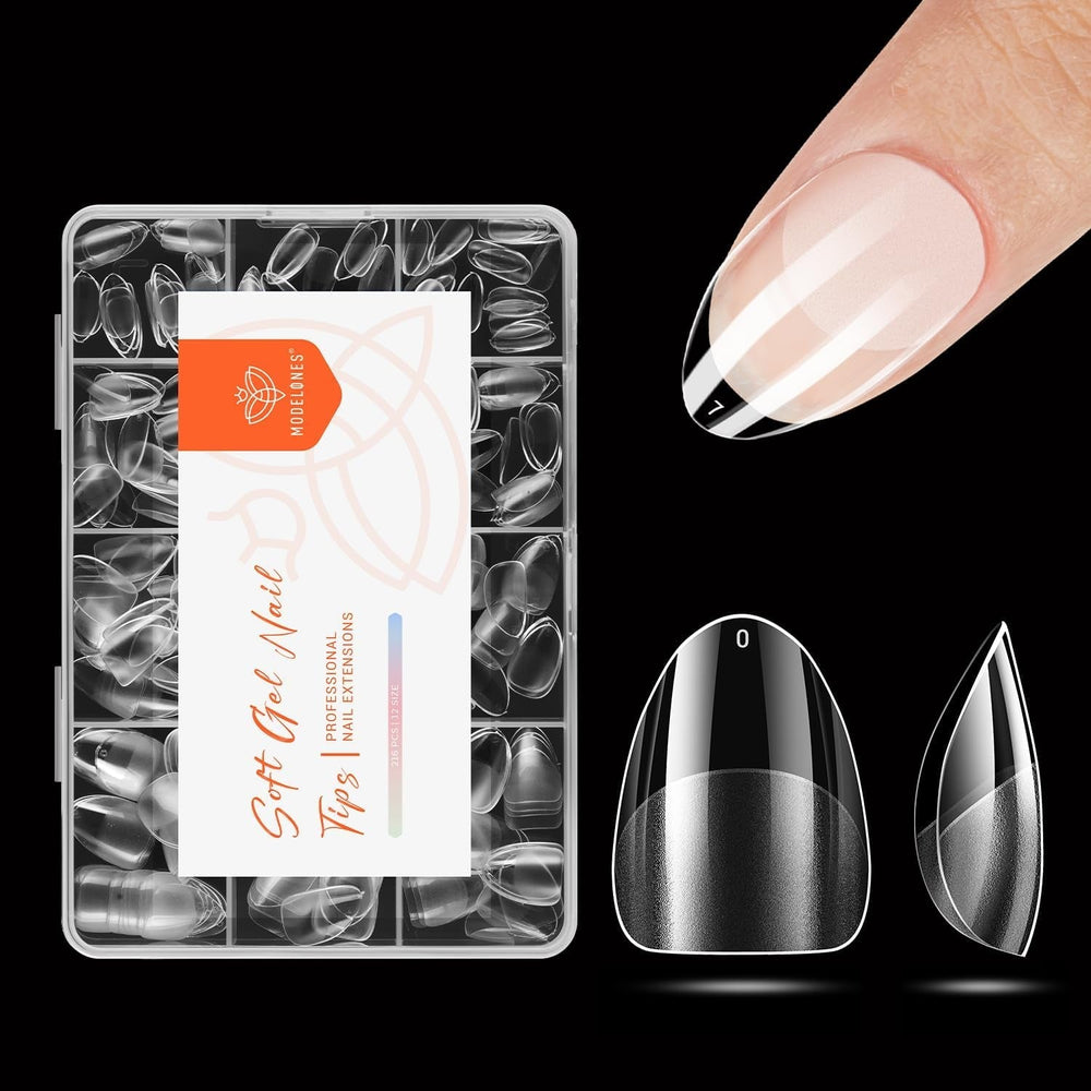 Modelones Nail Tips 216 pièces – Ensemble de pointes d'ongles à couverture complète, ensemble de pointes en gel souple, pointes d'ongles en résine PMMA pré-polissage, colle DIY sur ongles artificiels Nail Art, amandes courtes XS