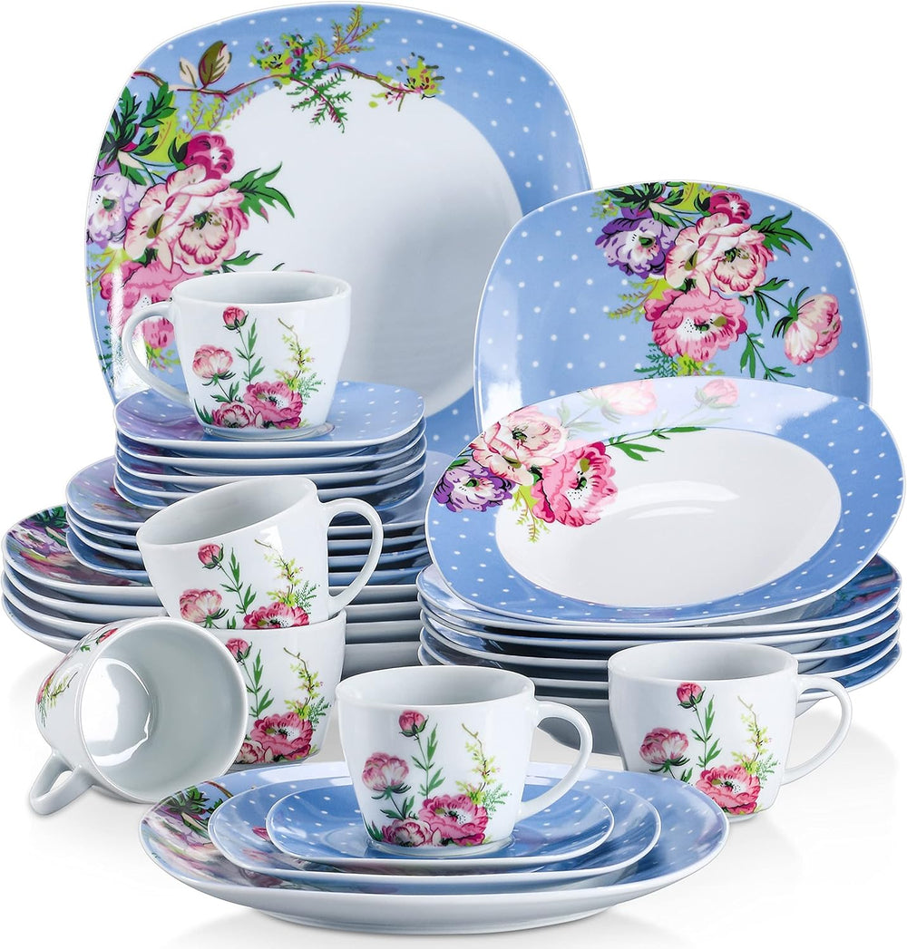 VEWEET Service de table combiné en porcelaine, 30 pièces pour 4 à 12 personnes, série Hannah, assiettes plates, assiettes à dessert, assiettes creuses, tasses à café et soucoupes