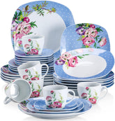 VEWEET Service de table combiné en porcelaine, 30 pièces pour 4 à 12 personnes, série Hannah, assiettes plates, assiettes à dessert, assiettes creuses, tasses à café et soucoupes