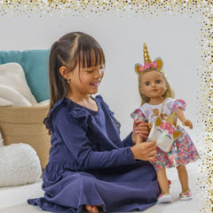 Heless 2231 - Puppenkleidung im Design Einhorn Goldy, Glitzerkleid mit schimmernden Pailletten für Puppen und Kuscheltiere der Größe 35 - 45 cm