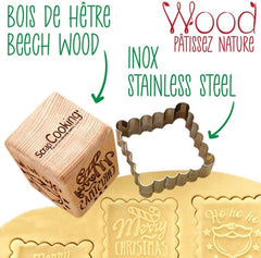 SCRAP COOKING 5138 Tampon à pâtisserie en bois motif Noël - avec 1 forme d'emporte-pièce et cube de Noël gravé 5 faces - Forme décorative