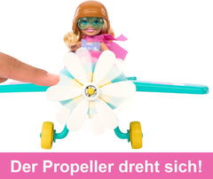 Chelsea Barbie Doll Airplane and Playset – Poupée pilote, avion, chiot et accessoires pour l'heure du conte, roues tournantes et hélices de fleurs, à partir de 3 ans, HTK38