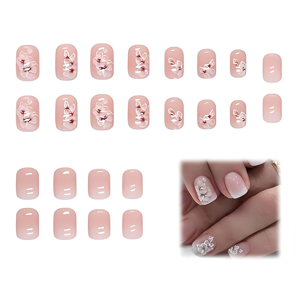 24pcs colle carrée blanche sur les ongles courts motif floral dégradé rose presse sur les ongles ongles artificiels faux ongles art ongles carrés français ongles artificiels pour les femmes