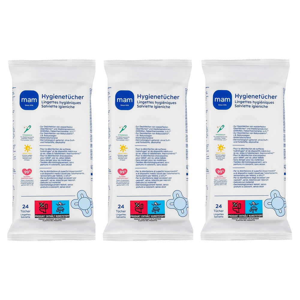 MAM Lot de 3 serviettes hygiéniques (3 x 24 pièces), lingettes nettoyantes pour dispositifs médicaux et accessoires pour bébé, serviettes hygiéniques antibactériennes et anti-virus