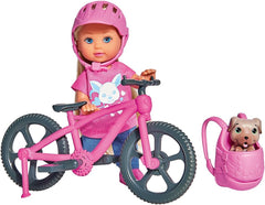 Simba 105733273 - Poupée vélo Evi Love Fun Holiday avec vélo, chien et sac à dos, poupée mannequin, 12 cm, pour enfants à partir de 3 ans