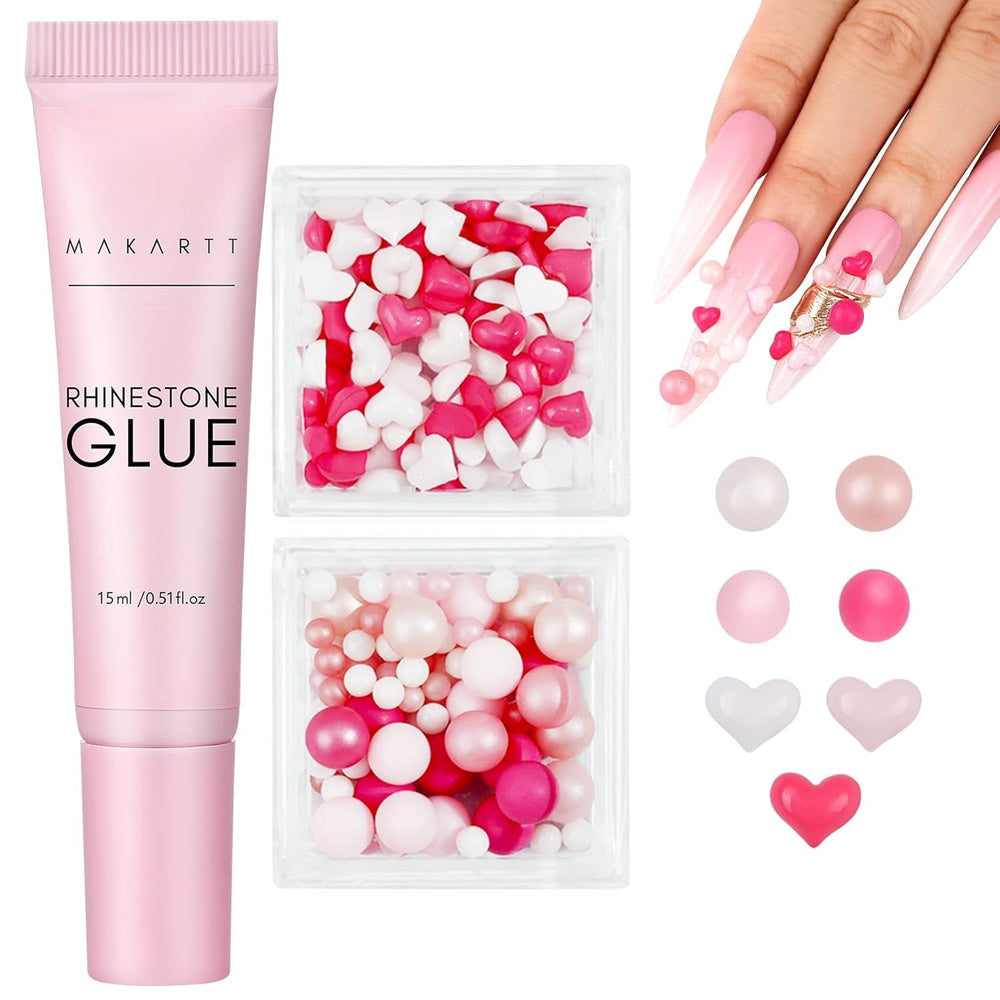 Makartt Gel adhésif pour strass – 15 ml de colle UV pour ongles avec breloques roses en forme de cœur, bijoux et accessoires de design d'ongles pour manucure à domicile, cadeau de Saint-Valentin