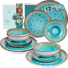 SÄNGER | Set de veselă Capri cu 12 piese, set de farfurii pentru 4 persoane, veselă din gresie, inclusiv farfurii de cină, farfurii de desert și farfurii de sumă, serviciu de cină turcoaz lucrat manual cu margine gri | COLECȚIA PREMIUM
