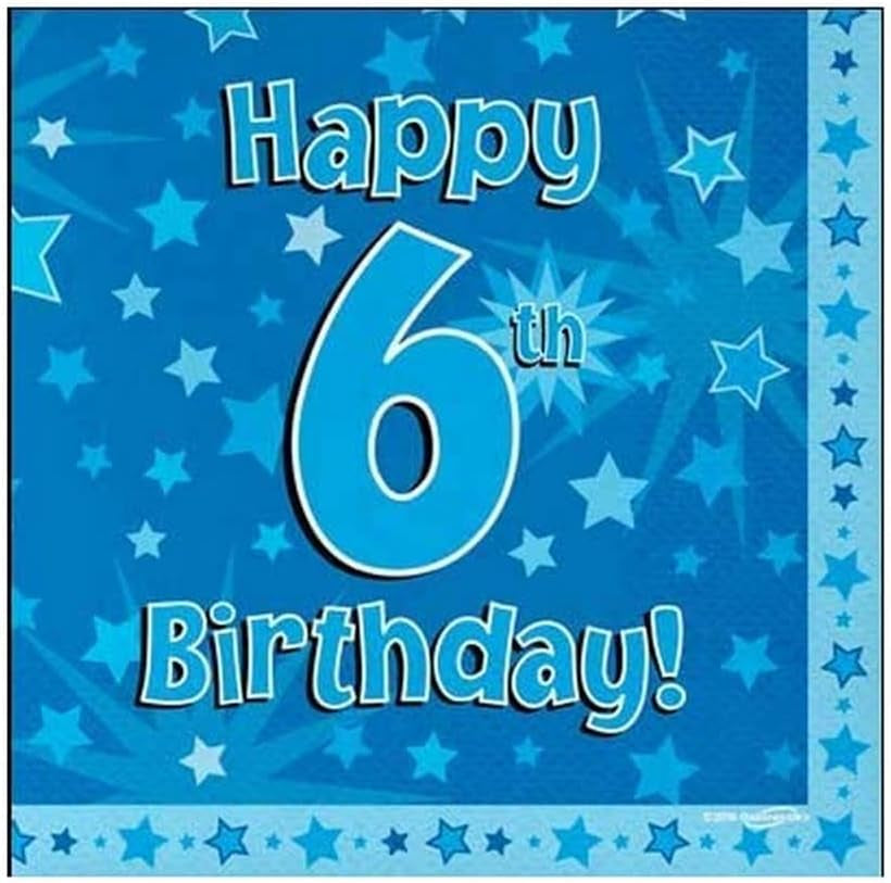 Serviettes joyeux 6ème anniversaire, bleues, 33 cm x 33 cm, 3 épaisseurs, 16 pièces