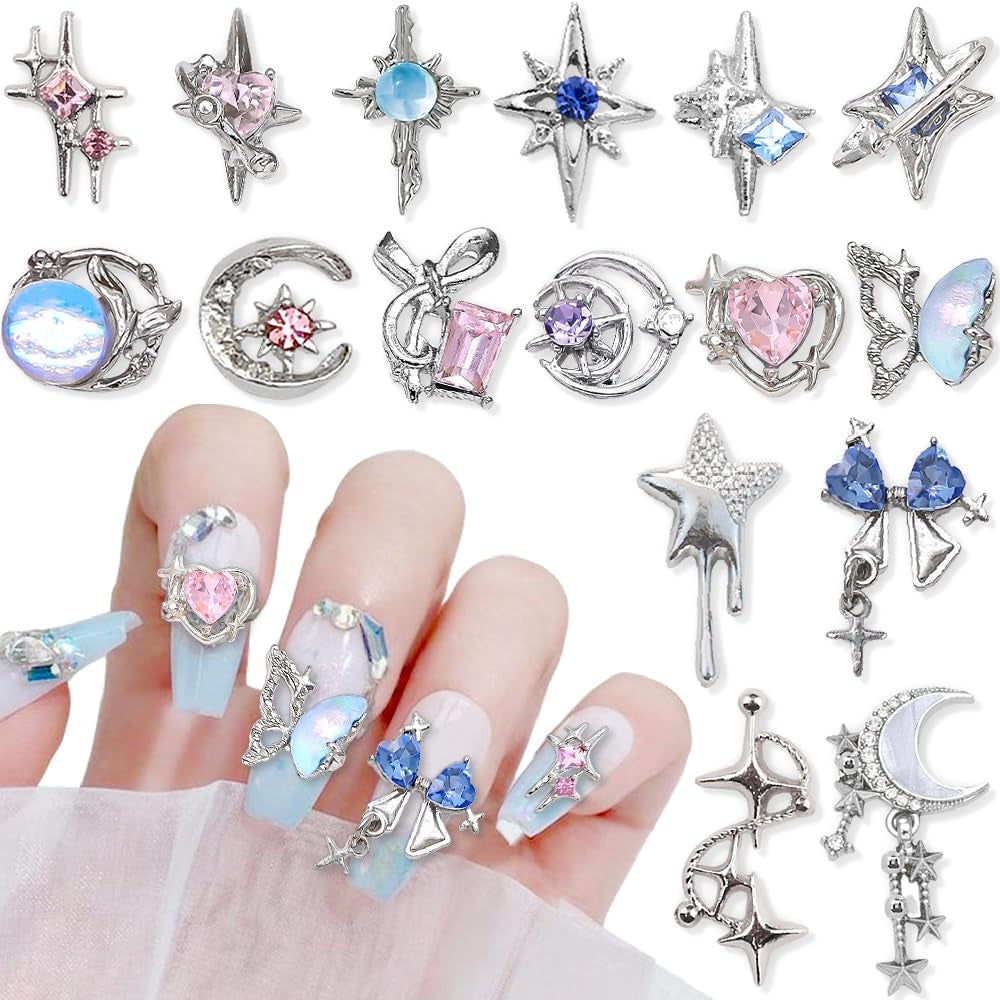 16 Style Luxus Mond Stern Nagel Charms 3D Nail Charms Y2K Legierung Strasssteine Bogen Schmetterling Nagel Schmuck Metall Nail Art Charms Nägel Glitzersteine Nailart Strass Nageldesign Zubehör