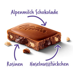 Milka Raisins et Noisettes – Chocolat au lait alpin avec morceaux de noisettes et raisins secs – 90g