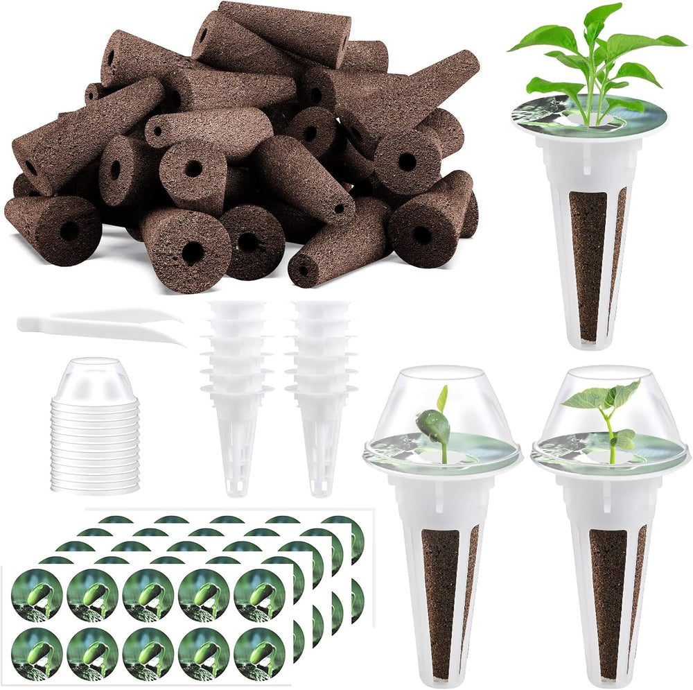 125 bureți de creștere, 50 bureți de creștere de schimb, accesorii hidroponice pentru sisteme de înființare cu 50 de etichete, 12 capace izolatoare, 12 coșulețe pentru plante, 1 pensetă