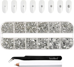 Beadland 2500Pcs Verre Nailart Strasssteine Kristall Flatback Edelsteine Runde, pour Handwerk Gemischt 8 Größen SS4 ~ SS30 Mit Picking Pinzette Und Stift (Kristall Weiss)
