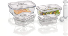 Caso VacuBoxx E-Set - 4 récipients sous vide carrés extrêmement stables et un ensemble de récipients sous vide, récipients incassables et lavables au lave-vaisselle, 3 récipients sous vide pour aliments et liquides sensibles à la pression Boîtes de conservation alimentaire Naty Shop