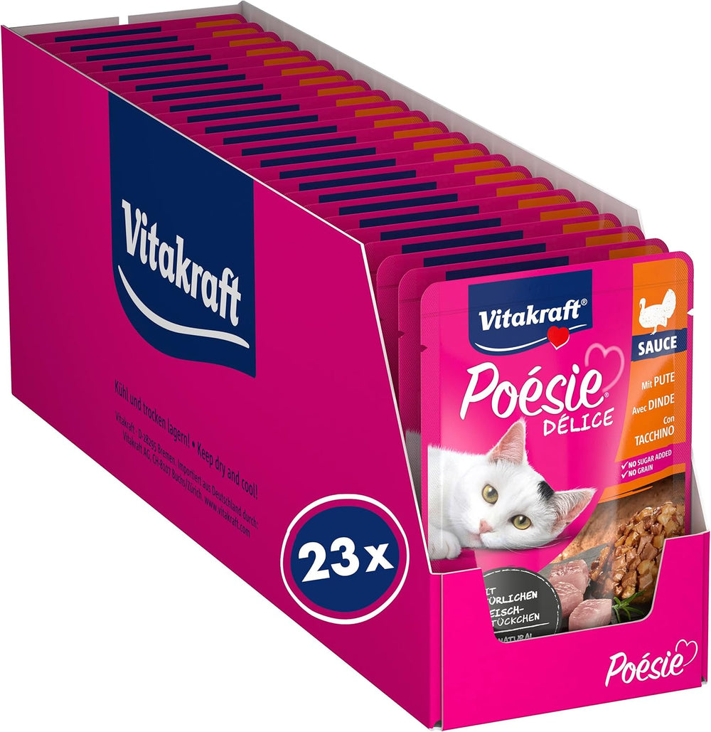 Vitakraft Poésie Délice, nourriture humide pour chat, nourriture pour chat en sauce, à la dinde, en vrac, sans sucre ni céréales ajoutés (23 x 85g)