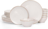 Set de veselă Tempus Series, Set de veselă pentru 6 persoane, Set de veselă din gresie, Set de farfurii cu 18 piese, Glazură reactivă, Potrivit pentru cuptorul cu microunde și mașina de spălat vase, Alb antic