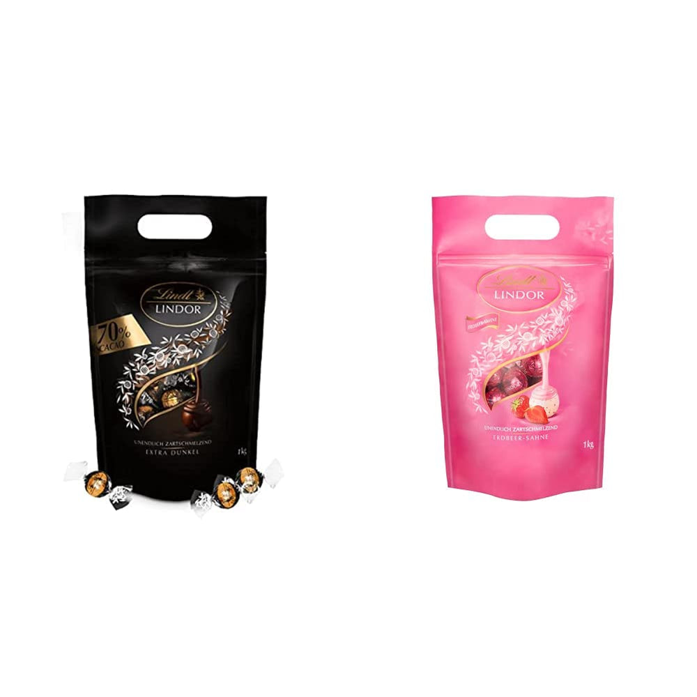 Bile de ciocolată extra neagră Lindt LINDOR și biluțe de ciocolată cu cremă de căpșuni LINDOR | pungă resigilabilă de 1 kg | aprox. 80 de biluțe de ciocolată albă cu cremă de căpșuni
