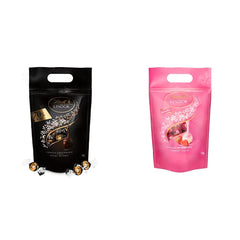 Bile de ciocolată extra neagră Lindt LINDOR și biluțe de ciocolată cu cremă de căpșuni LINDOR | pungă resigilabilă de 1 kg | aprox. 80 de biluțe de ciocolată albă cu cremă de căpșuni