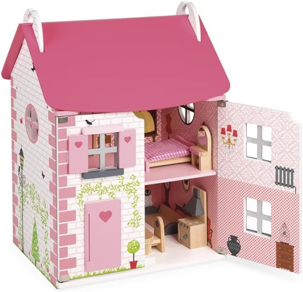 Janod Mademoiselle Maison de poupée en bois à 3 étages avec 11 accessoires, réplique de jouet, développe l'imagination, à partir de 3 ans, J06581