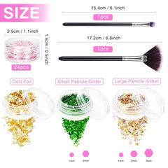 24 couleurs Glitzer Set avec Blattgold et Glitzerpulver, Nageldesign Zubehör Pailletten Basteln Nail Art Glitter Mit Pinsel pour Nägel Gesicht Körper DIY Nagelkunst Make Up
