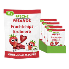 FRECHE FREUNDE Chips de Fraises Bio, Chips de Fruits Lyophilisés, Fruits Secs Tranchés Naturels Sans Sucre Ajouté, Végétalien, Sans Lactose, Sans Gluten, Paquet de 12 (12 x 12g)